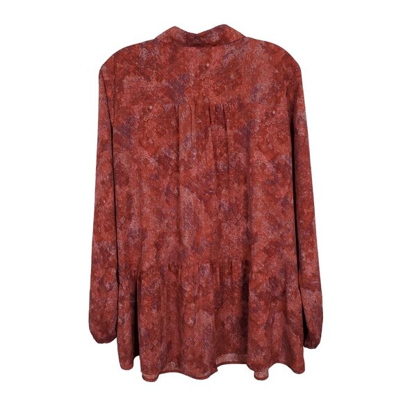 LOGO Lori Goldstein L Blouse Abstract Print Button Semi Sheer Tunic Peplum Tier - Picture 3 of 7